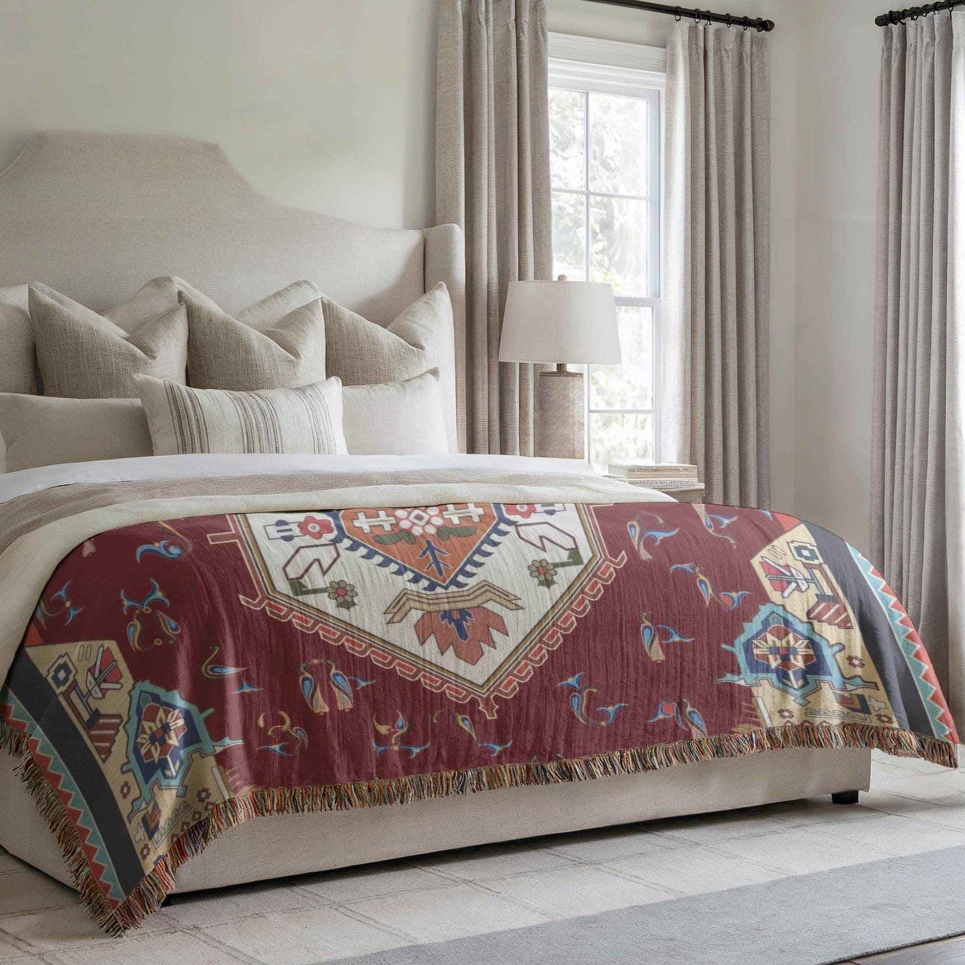 Anatolian Throw Blanket – Ethnic Woven Cotton Couch Cover with Armenian Alphabet - timelessbohochic.com