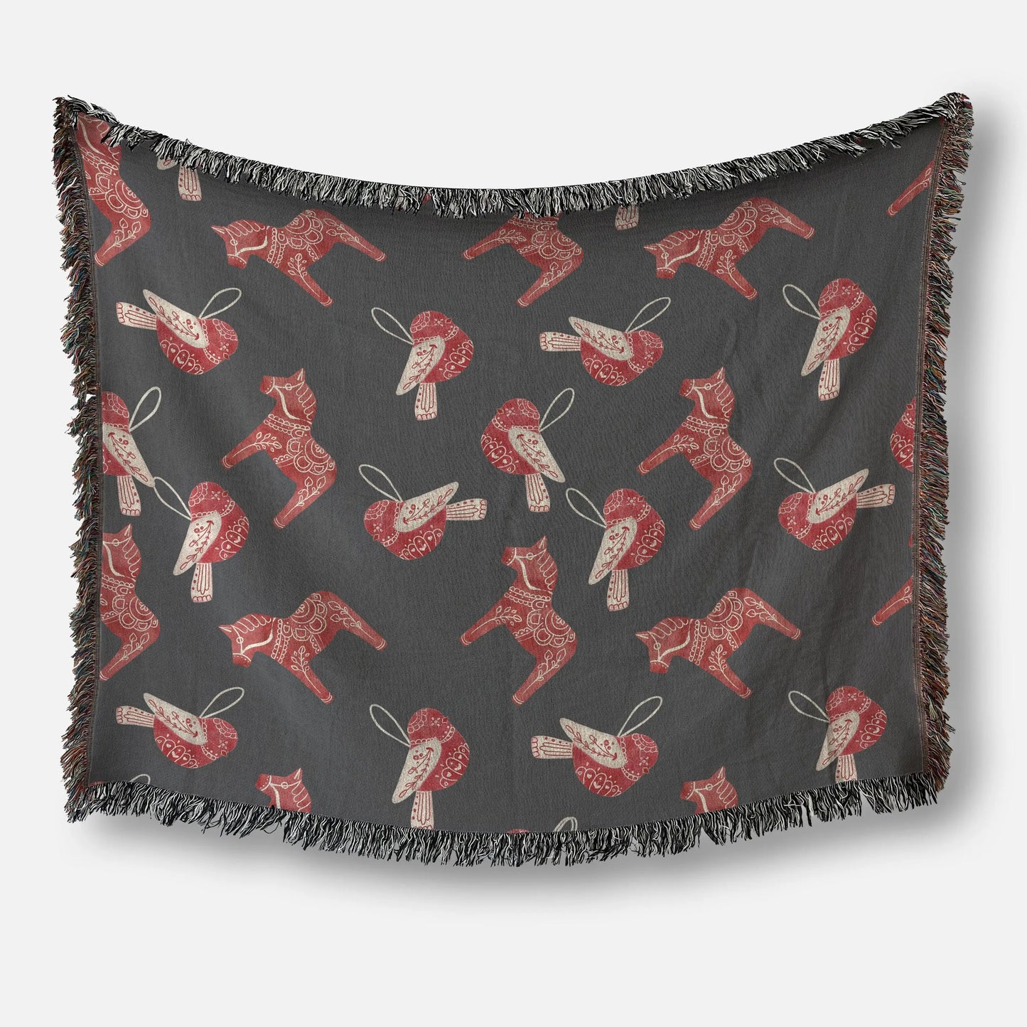 Scandi Cotton Blanket - Cozy Scandinavian Throw with Dala Horse & Bird Pattern, Fringe Edge