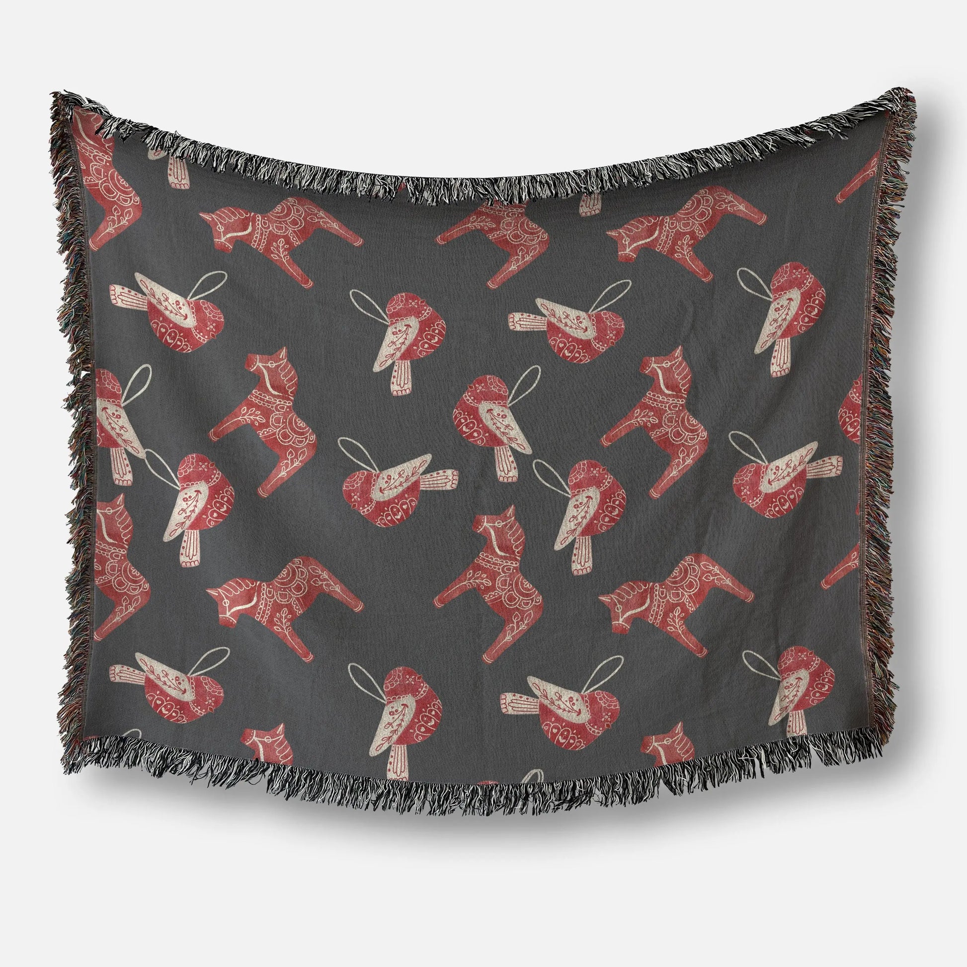 Scandi Cotton Blanket - Cozy Scandinavian Throw with Dala Horse & Bird Pattern, Fringe Edge