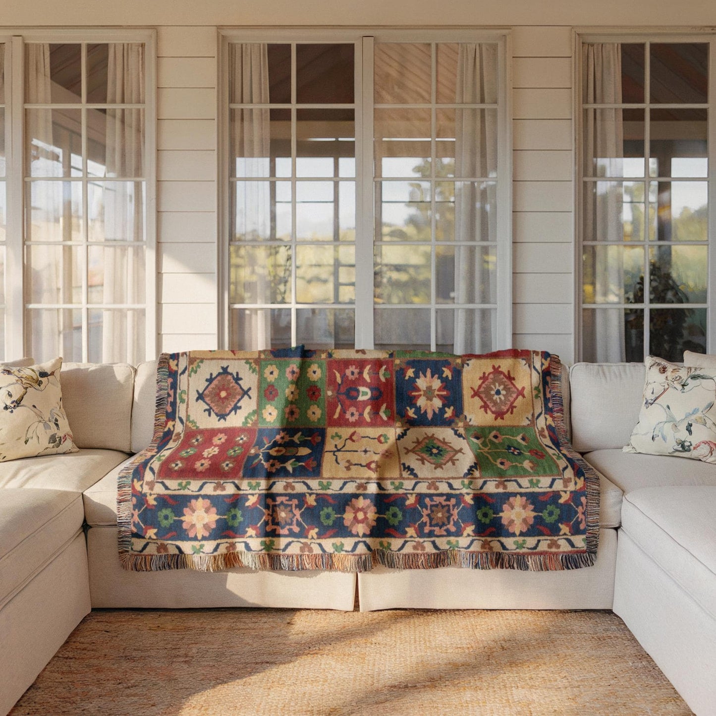Anatolian Inspired outdoor woven throw blanket with floral pattern for patio styling