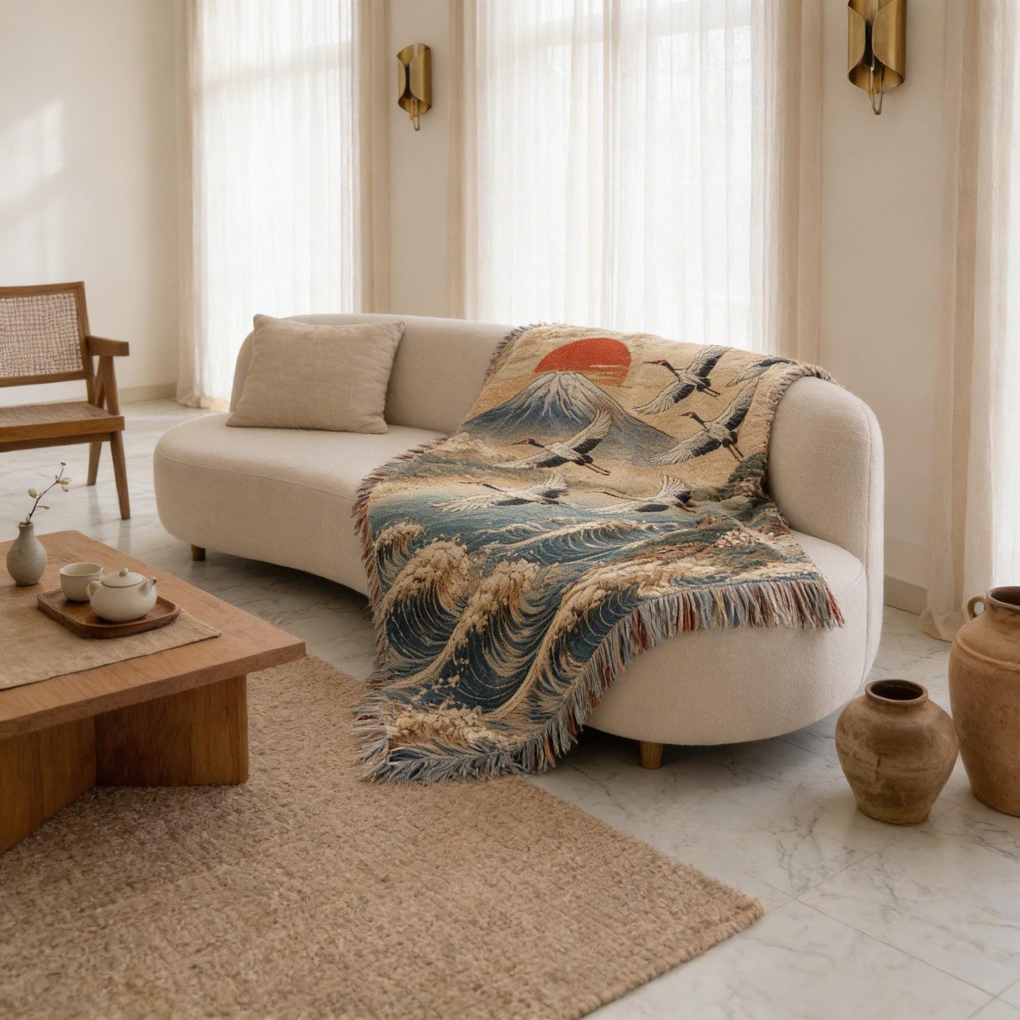Modern Geometric woven blanket with geometric pattern styled for layered home decor