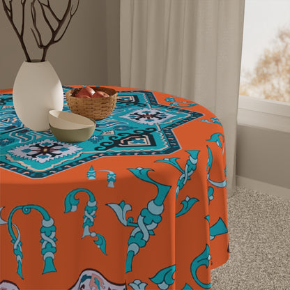 Orange Armenian tablecloth with a turquoise medallion and alphabet letters