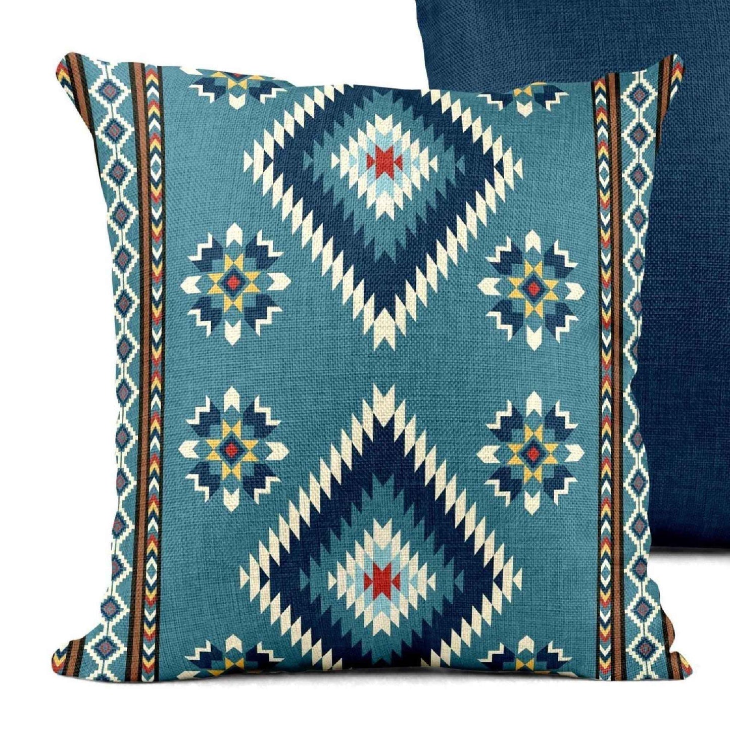 Southwestern throw pillow with geometric pattern styled on a sofa or bed