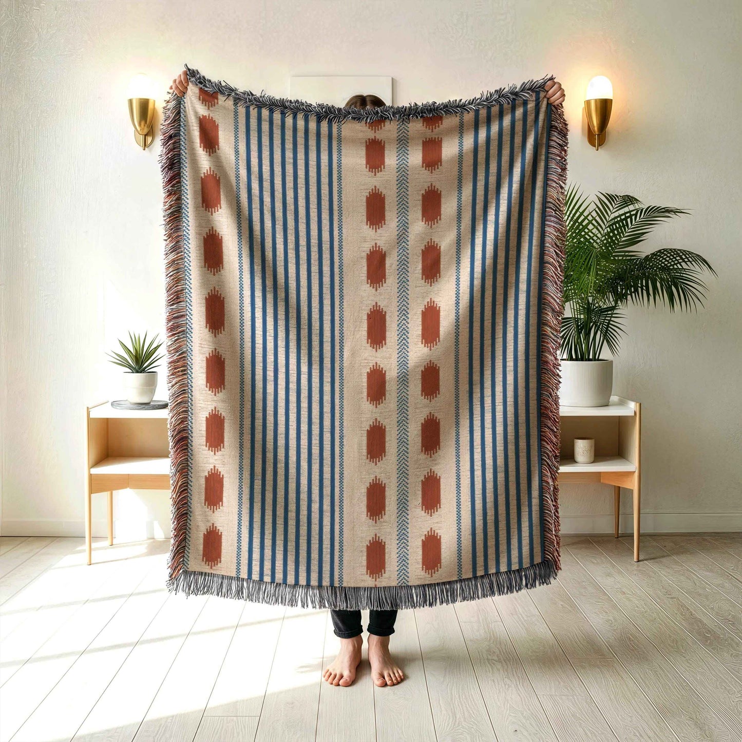 Modern Geometric outdoor woven throw blanket with geometric pattern for patio styling