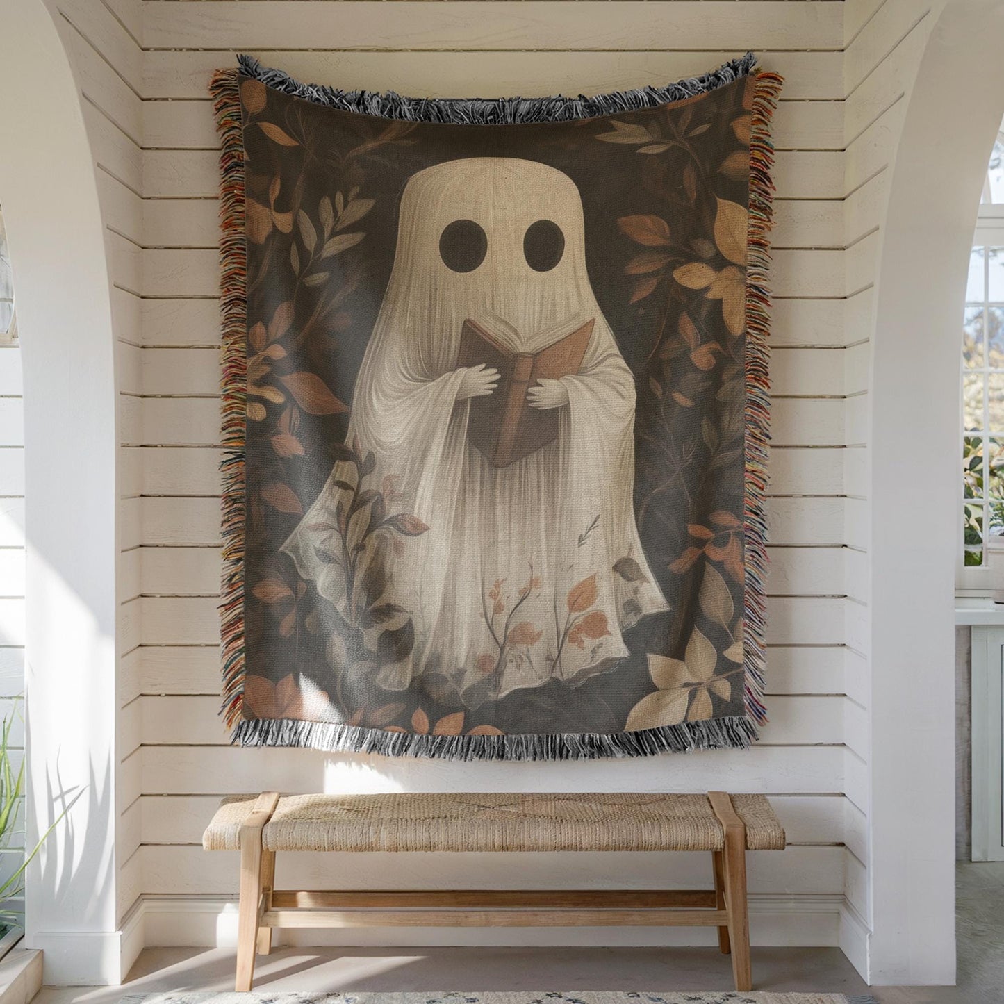 Cute Ghost Tapestry – Cozy Cotton Throw With Reading Ghost Design & Fringed Edge