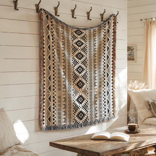 a cozy living room with a wooden coffee table in the center, a white couch, and a patterned throw blanket hanging on the wall.