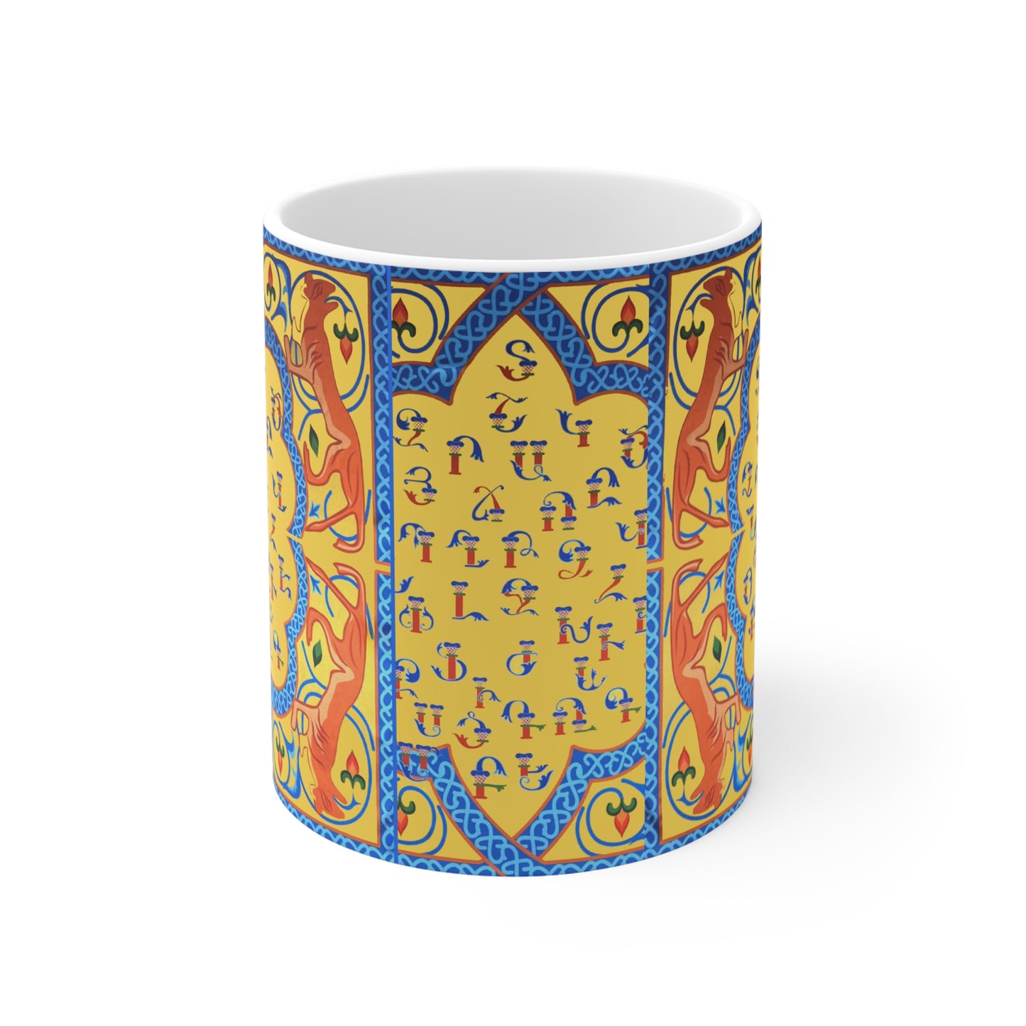 Armenian Alphabet Ceramic Mug, Yellow and Blue Springtime