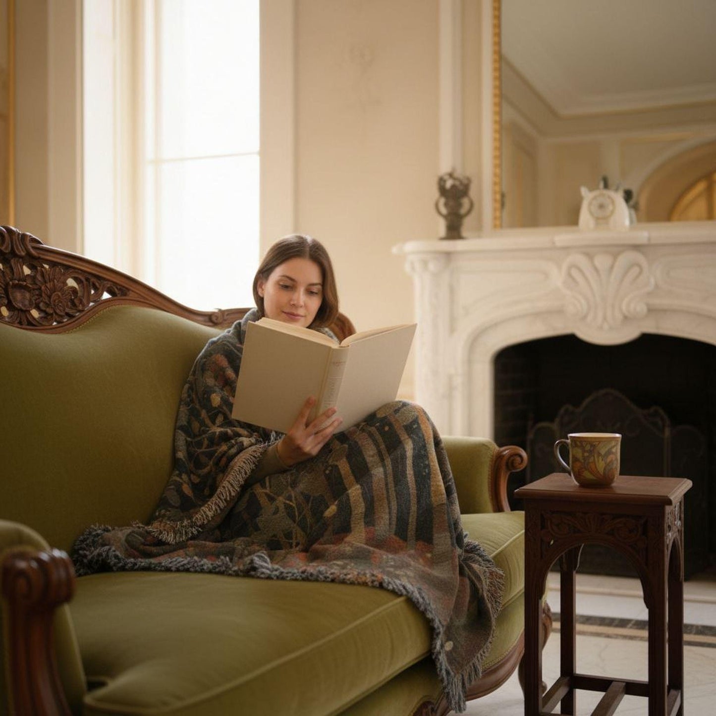 Scandinavian Inspired woven blanket with rug-style pattern styled for layered home decor