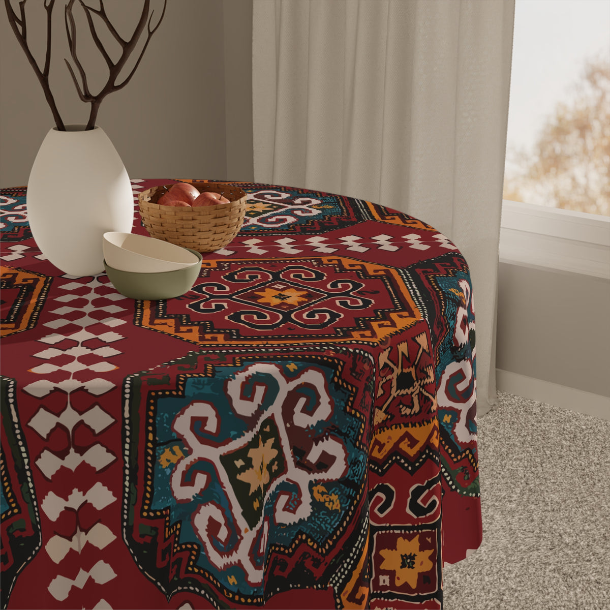 Armenian rug tablecloth in burgundy with geometric medallions