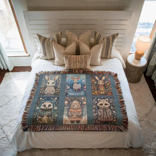 Cotton Woven Blanket - Woodland Animal Throw | Soft Breathable, Machine Washable