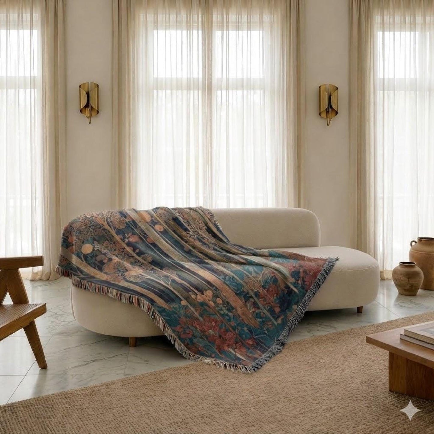 Modern Geometric woven blanket with geometric pattern styled for layered home decor