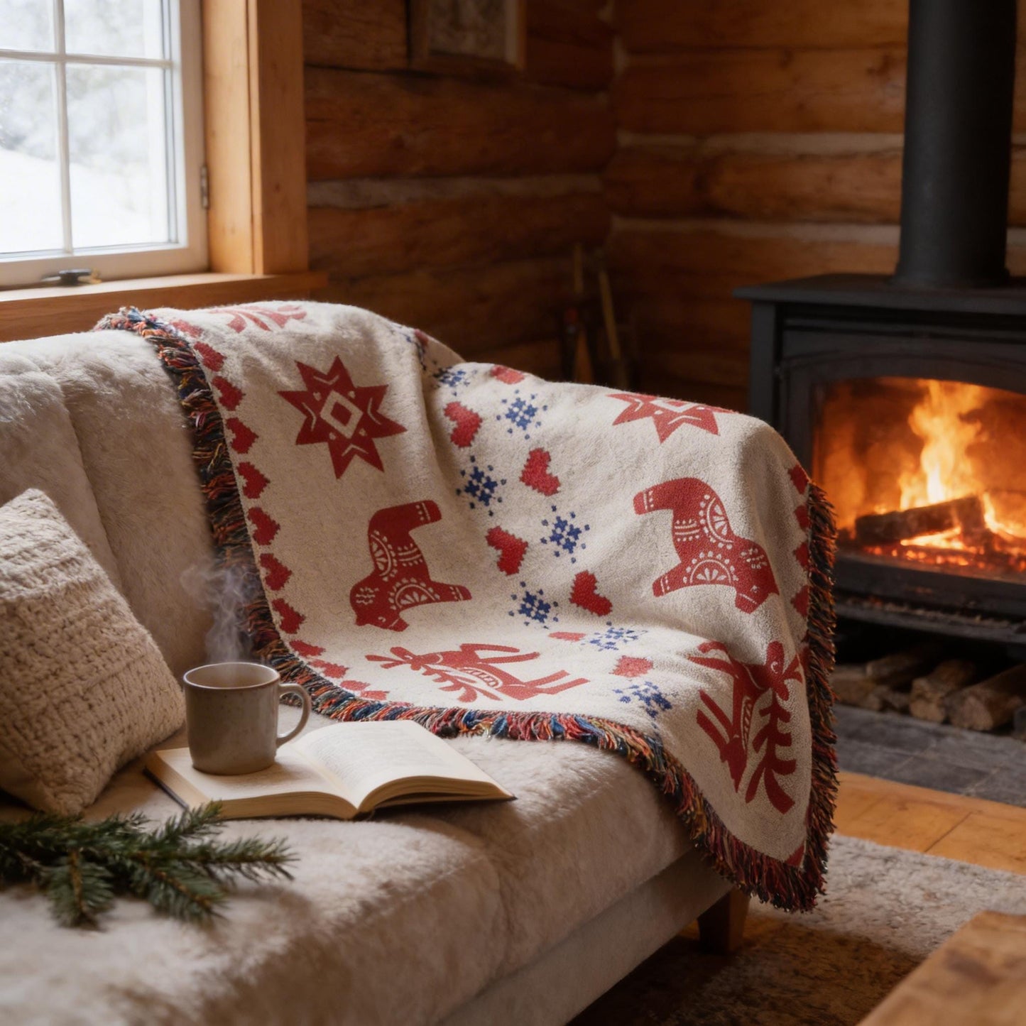 Scandinavian Inspired woven blanket with rug-style pattern styled for layered home decor