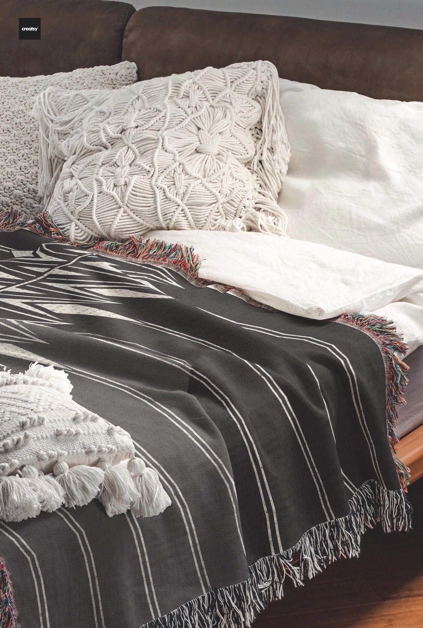 Modern Geometric woven blanket with geometric pattern styled for layered home decor