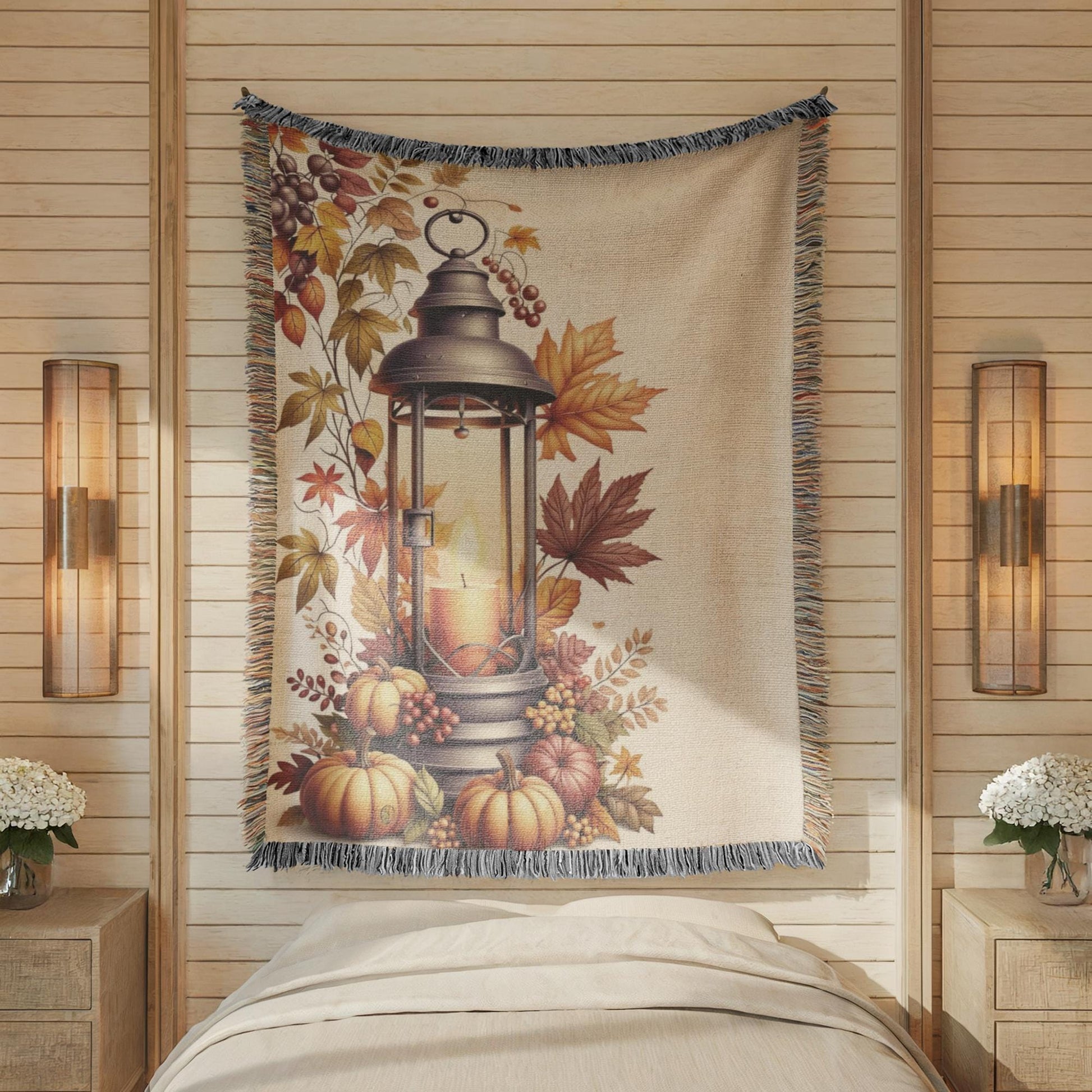 Fall Throw Blanket – Cozy Bedroom Throw with Pumpkin Decor & Lantern Autumn Design