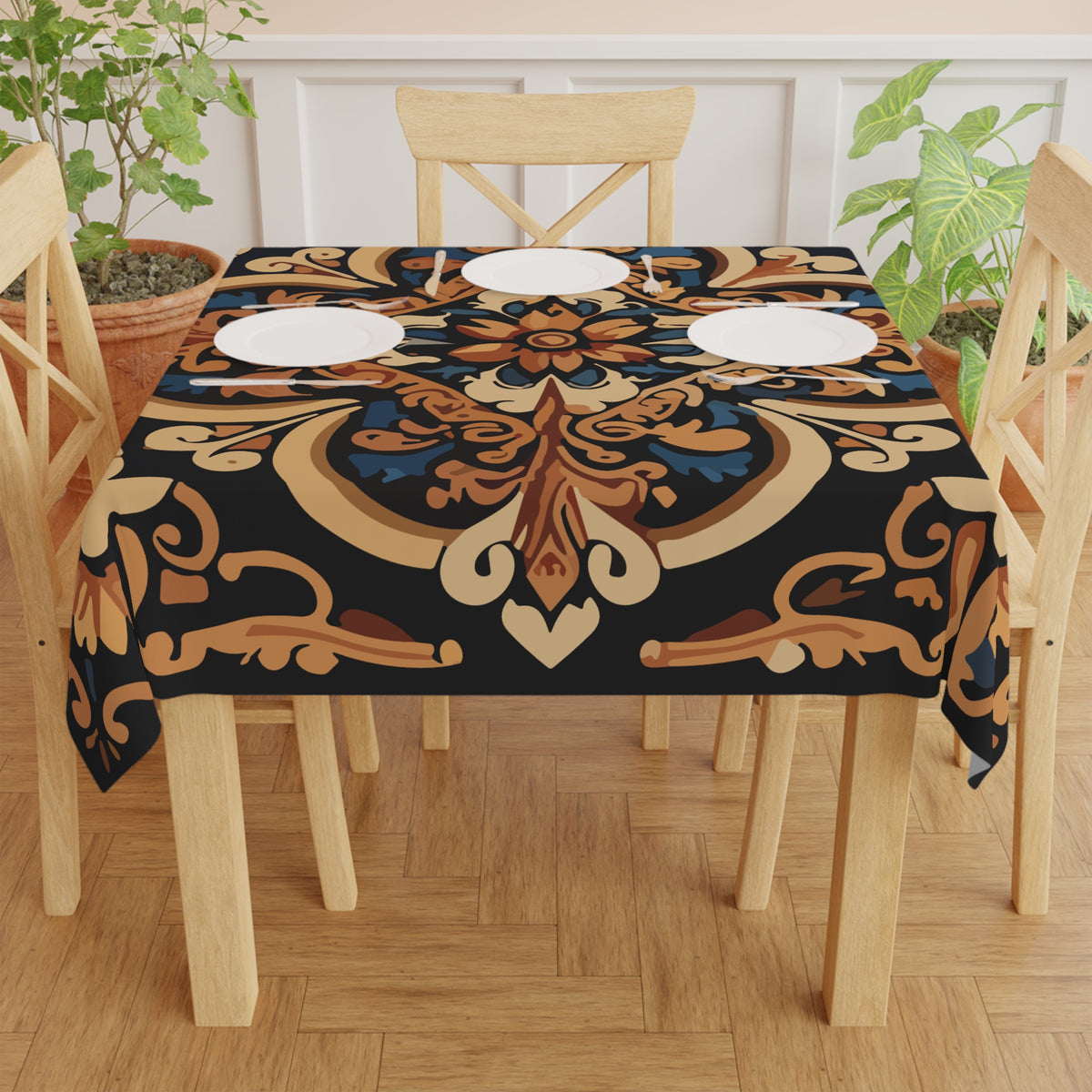 Black Armenian tablecloth with a large sand-coloured scrollwork rosette