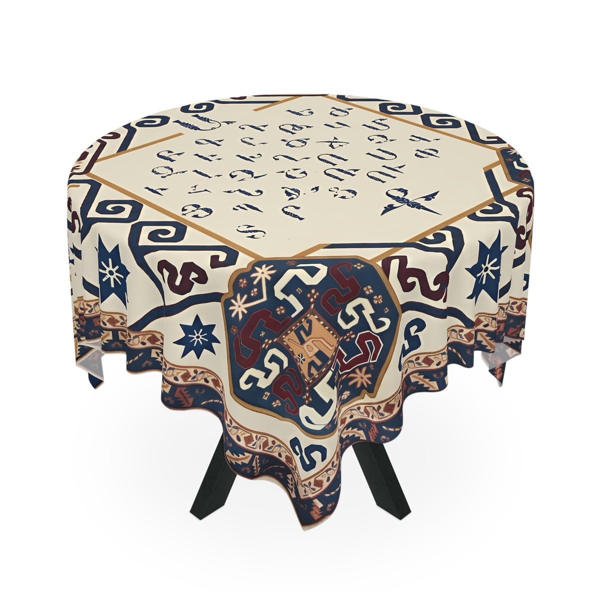 Cream Armenian alphabet tablecloth on a round table