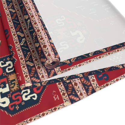 Armenian alphabet table runner in deep red shown on a dining table
