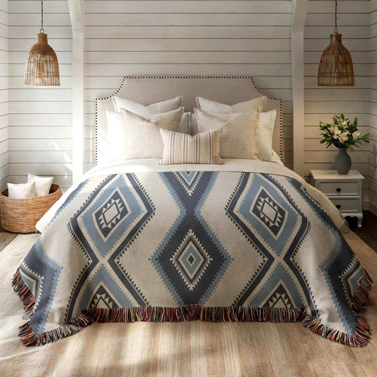 Navajo Woven Blanket – Tribal Geometric Throw | Soft Durable Cotton Cozy Blanket - timelessbohochic.com