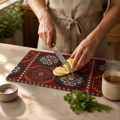 Armenian rug cutting board in use, a cook slicing lemon beside parsley and a small bowl