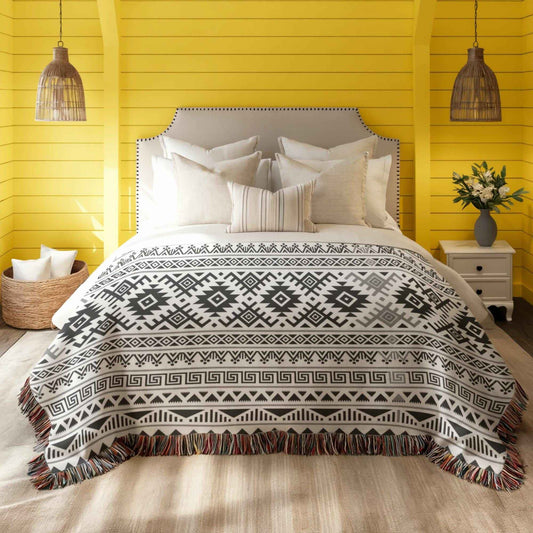Southwestern woven blanket with geometric pattern styled for layered home decor