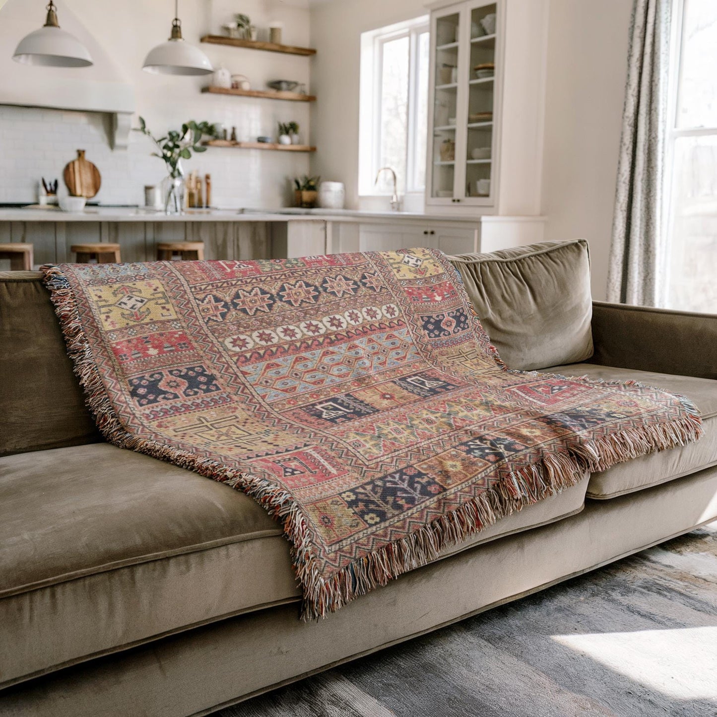 Caucasian Rug Inspired woven blanket with geometric pattern styled for layered home decor