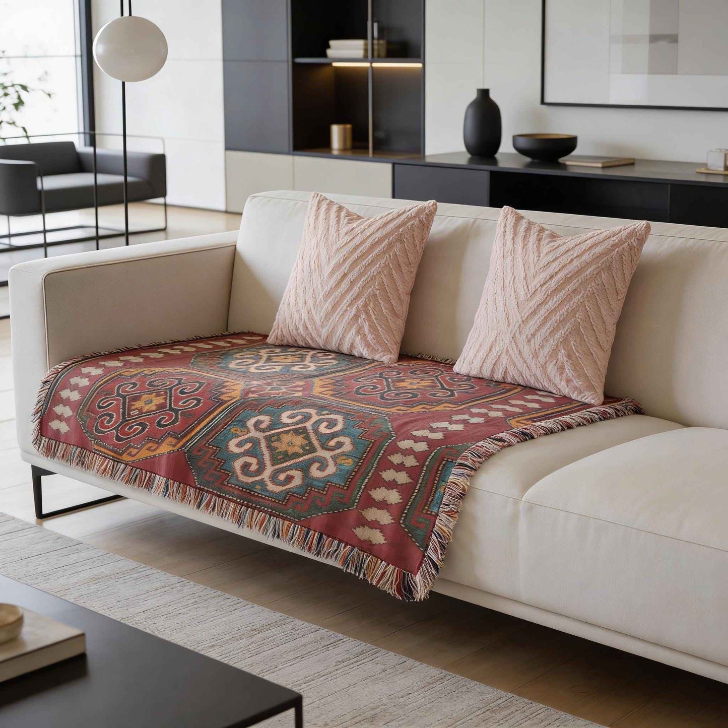 Caucasian Rug Inspired woven blanket with geometric pattern styled for layered home decor