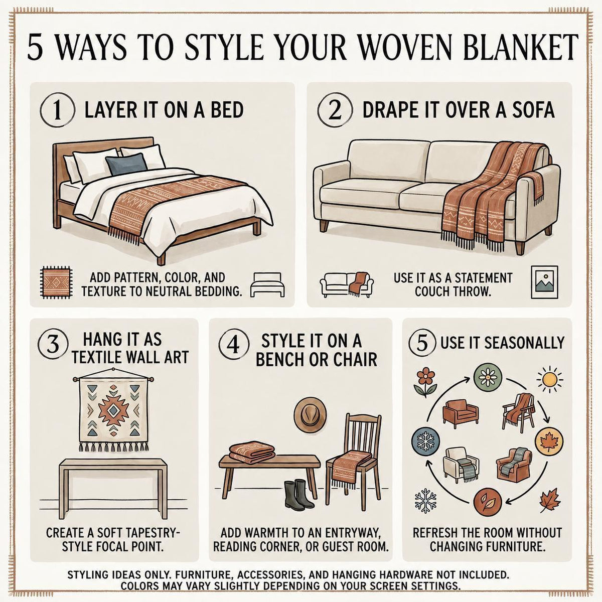 Styling ideas graphic for Timeless Boho Chic woven textiles