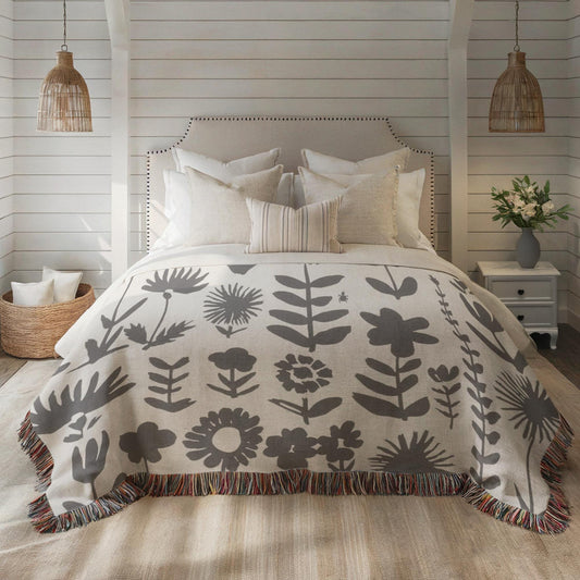 Wildflowers Meadows Blanket - Handmade Woven Throw With Botanical Print, Cozy Cotton