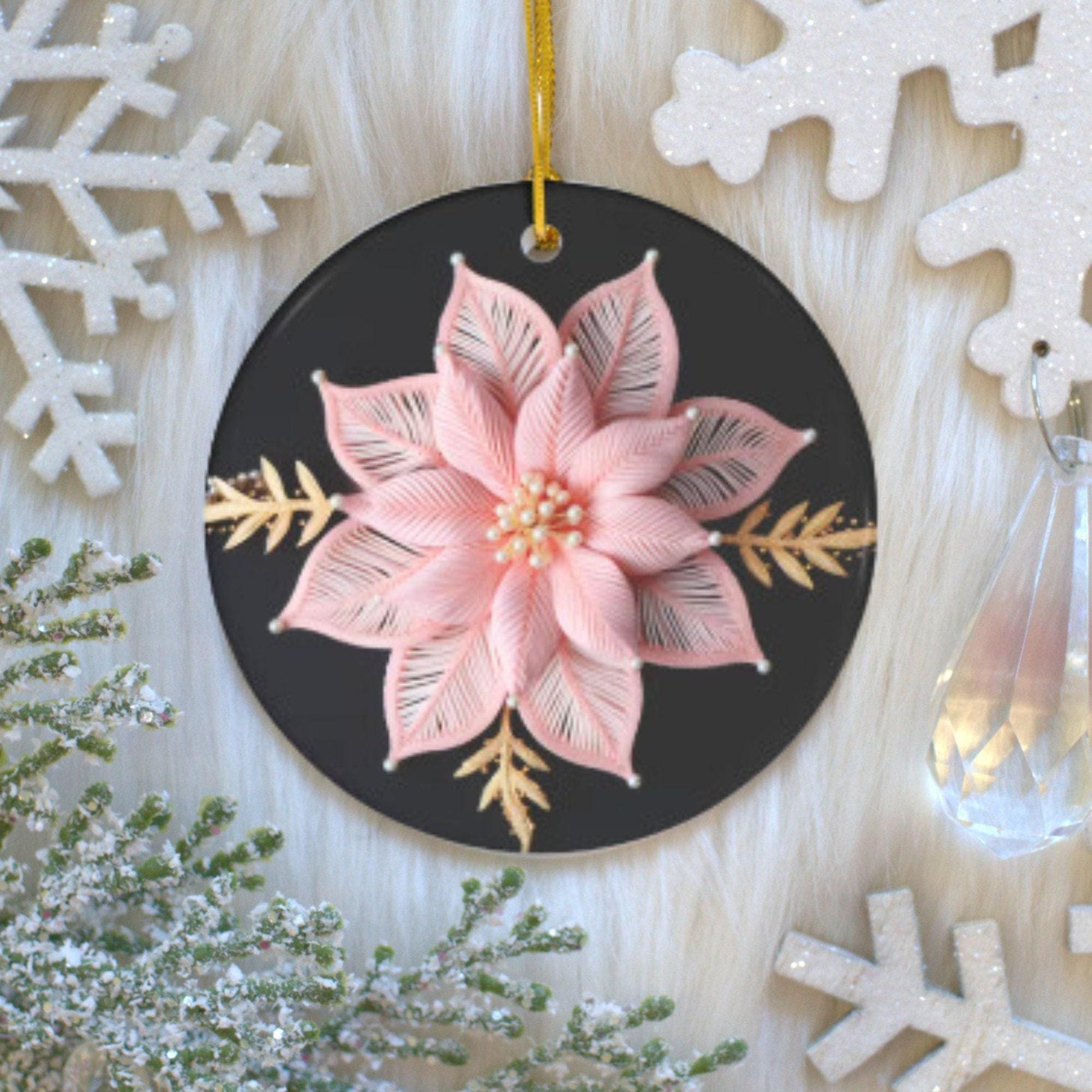 Poinsettia Christmas Ornament – Personalized Pink and Gold Ceramic Decoration