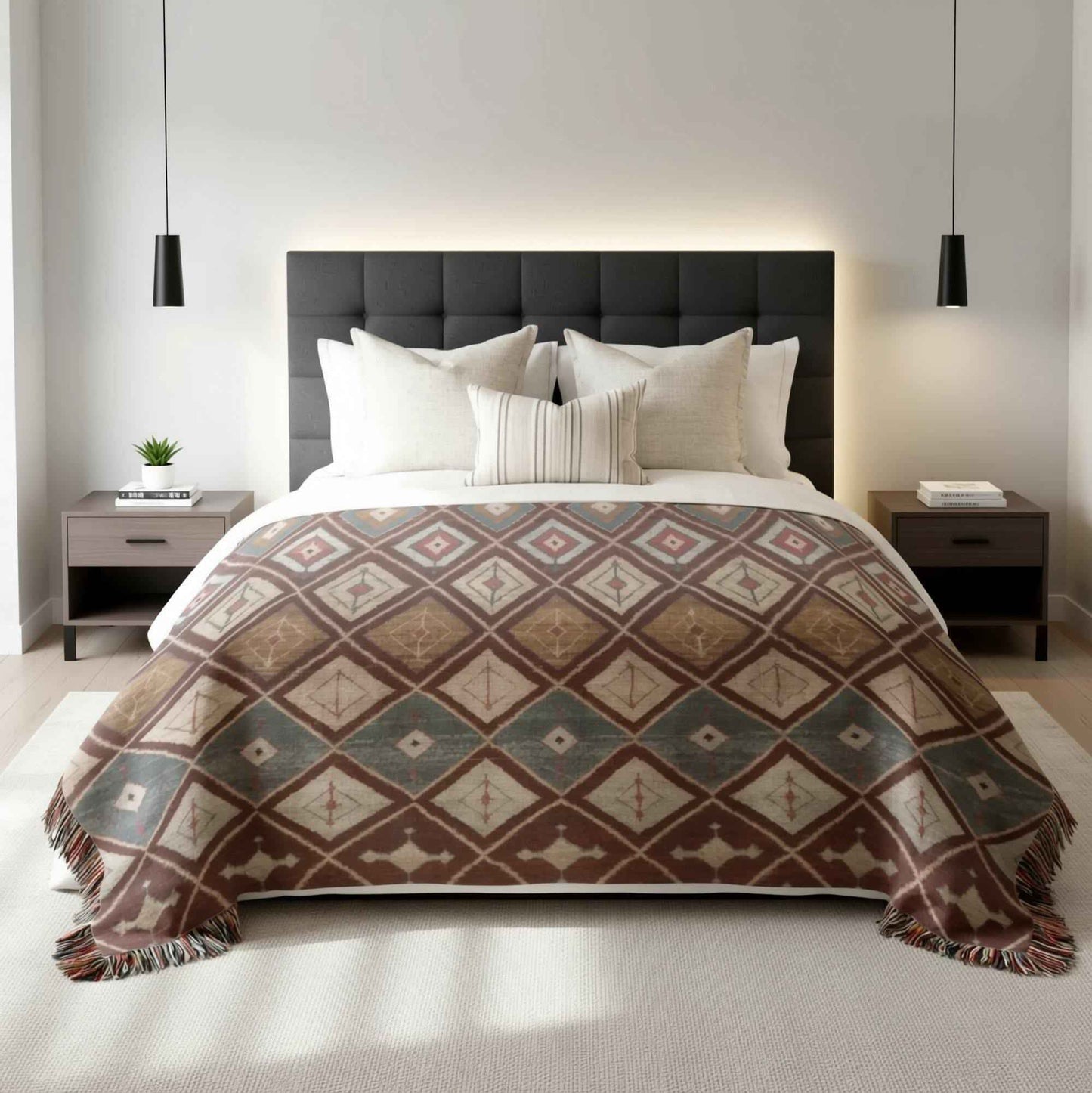 Southwestern woven blanket with geometric pattern styled for layered home decor