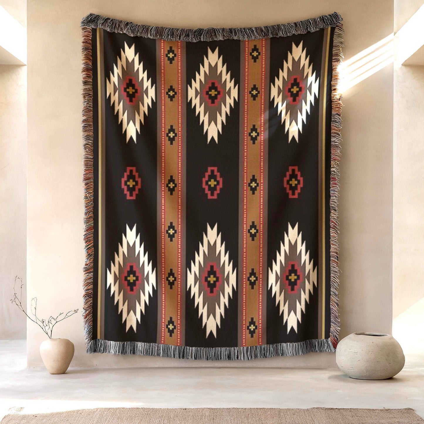 Southwestern woven wall tapestry with geometric pattern styled as textile wall decor