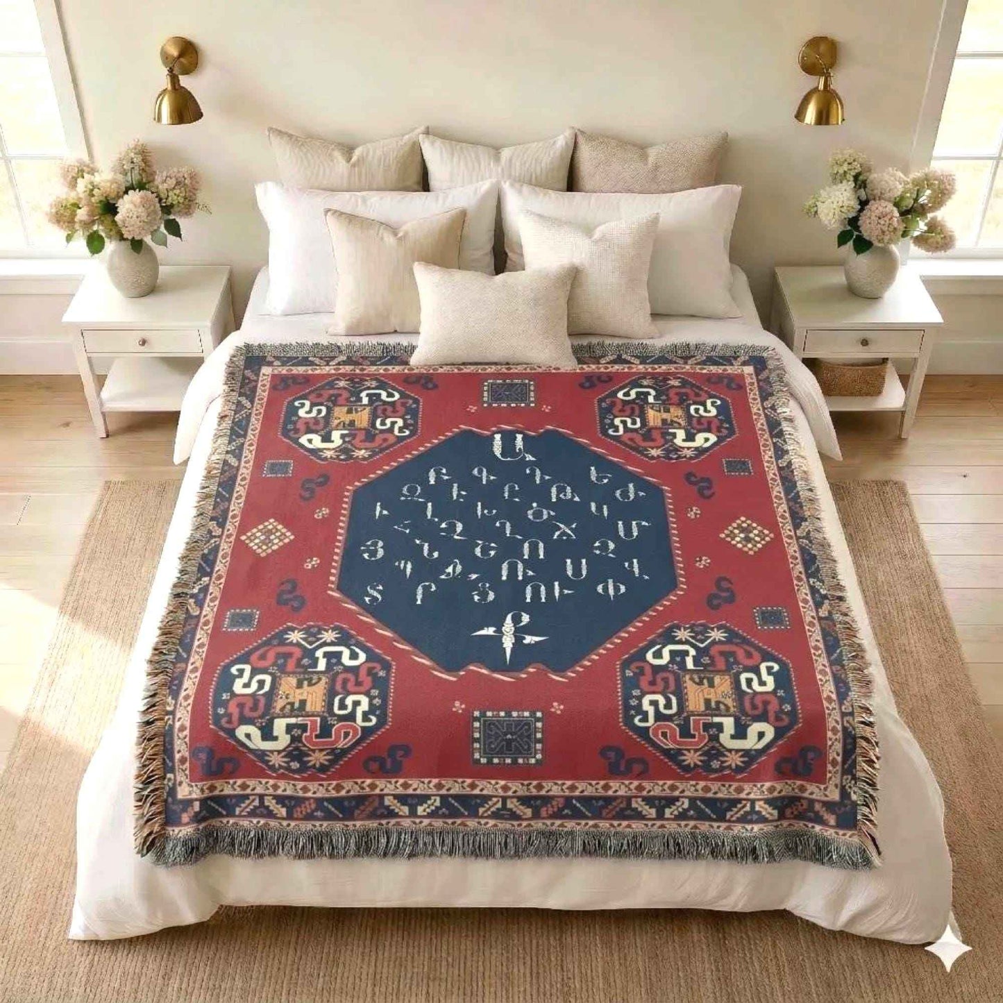 Modern Geometric woven blanket with geometric pattern styled for layered home decor