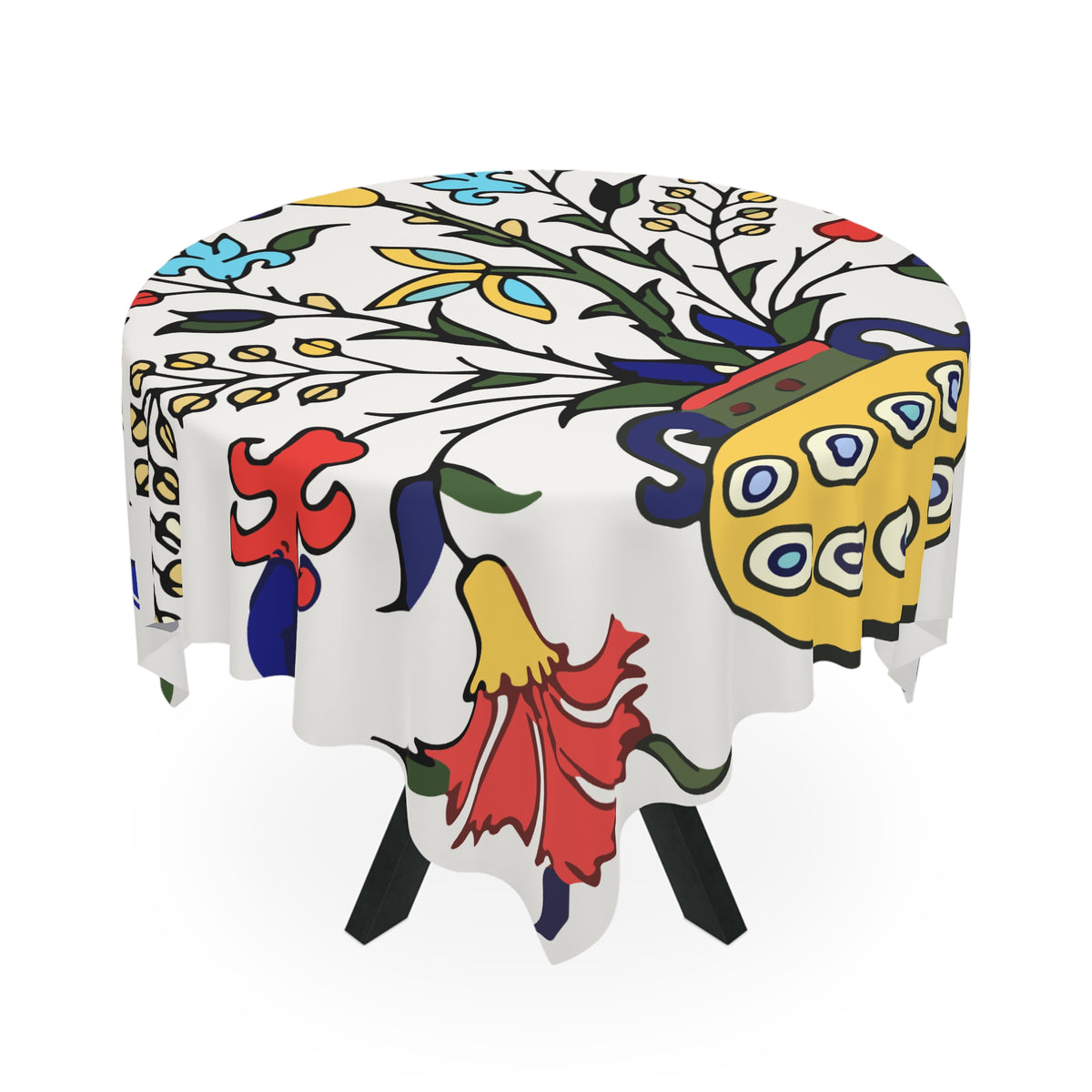 Yellow peacock Armenian tablecloth on a rectangular table with wooden chairs and house plants