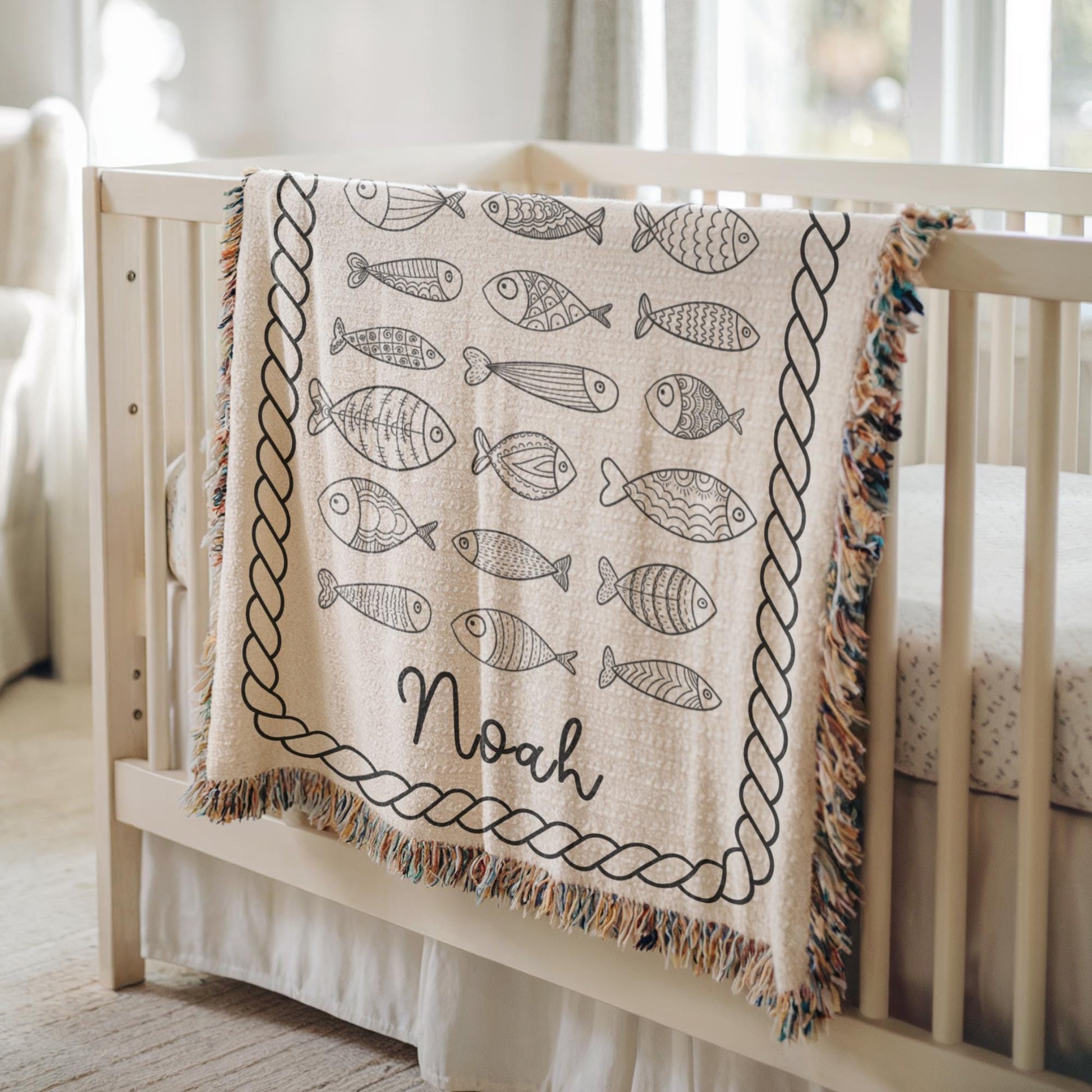 Personalized Baby Fish Blanket – Custom Name Cotton Nursery Decor, Ocean Theme