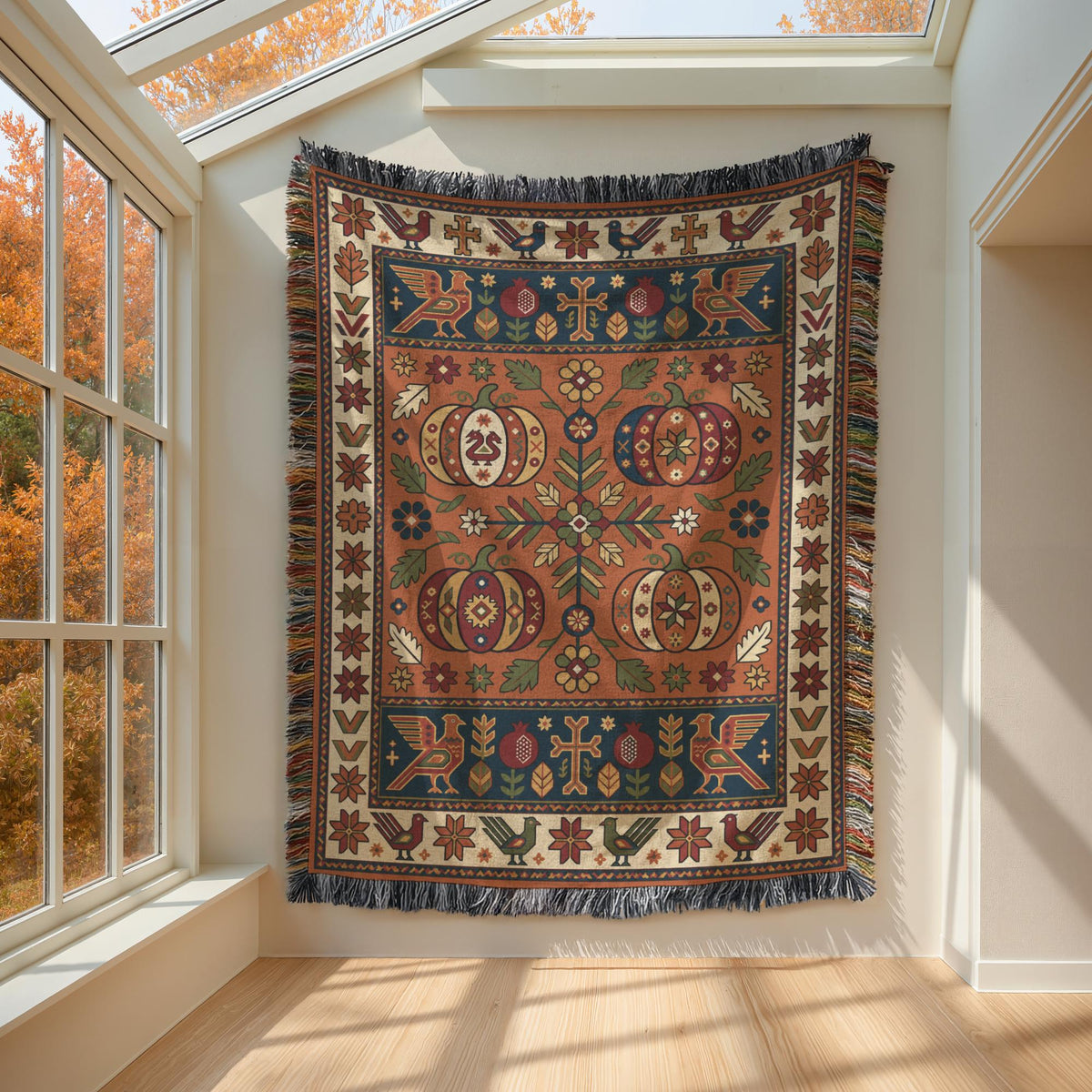 Rust and navy Armenian Ghapama blanket hung flat on a wall beside a window