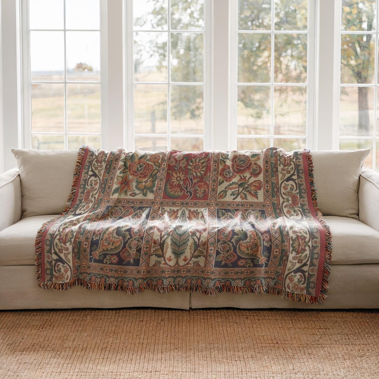 Anatolian Inspired woven blanket with floral pattern styled for layered home decor