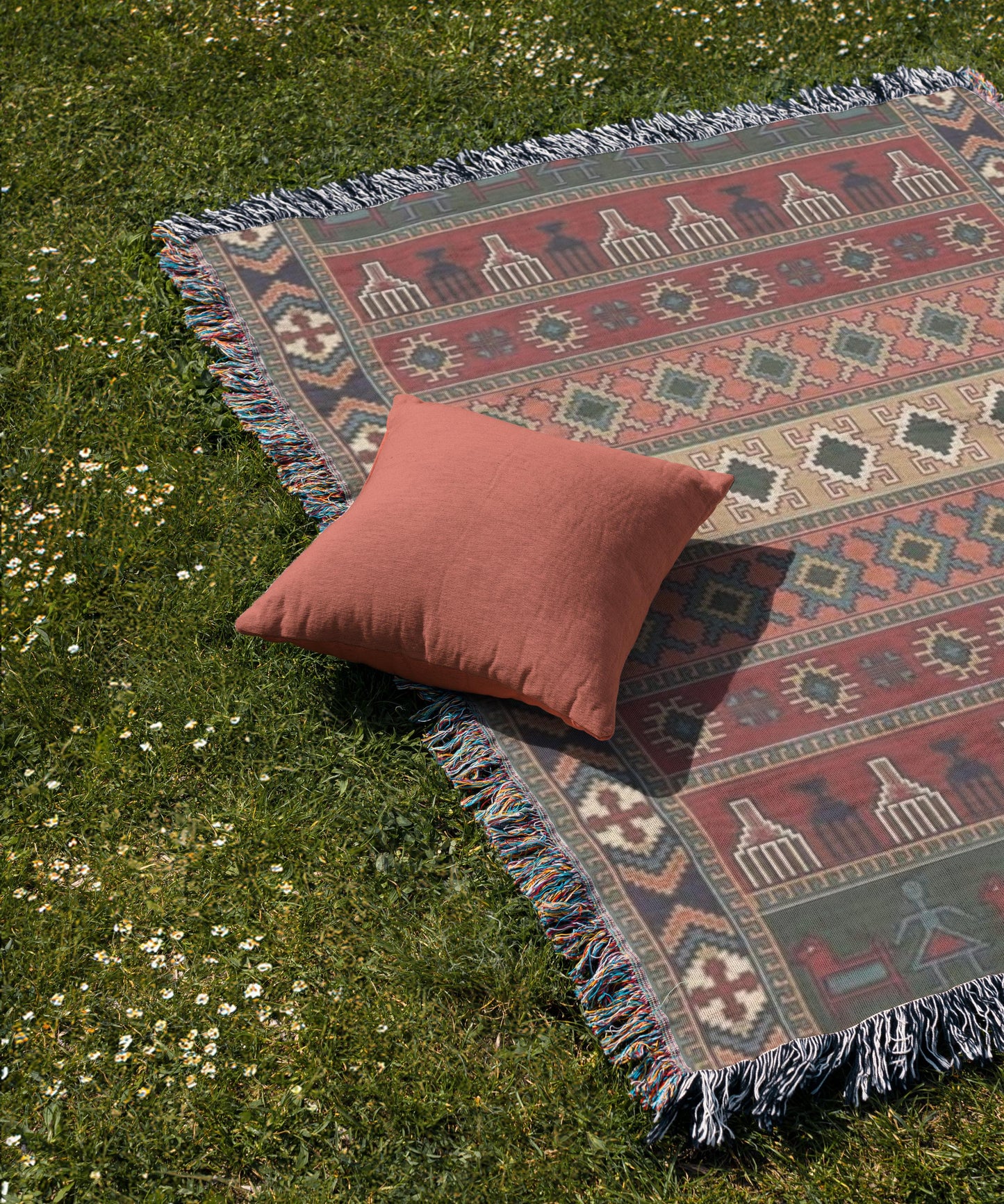 Anatolian Inspired woven blanket with rug-style pattern styled for layered home decor