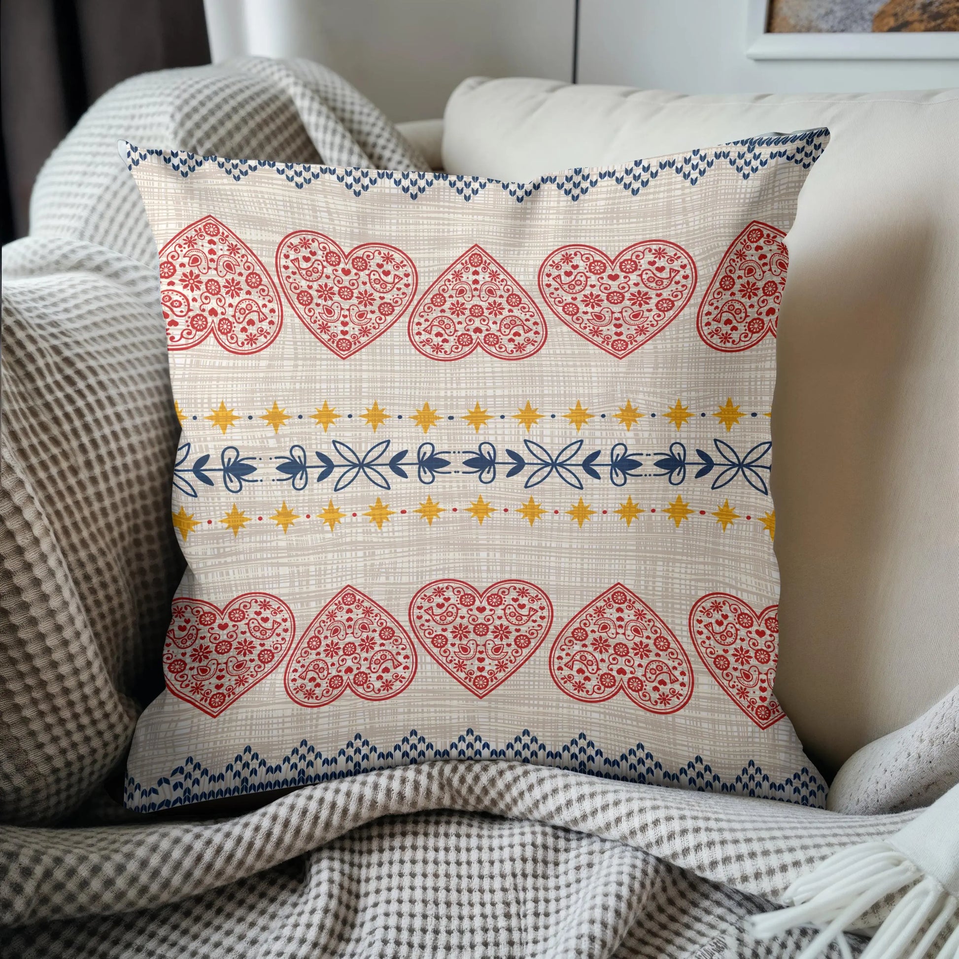 Scandi Woven Pillow – Nordic Decorative Cushion With Red Hearts & Yellow Stars