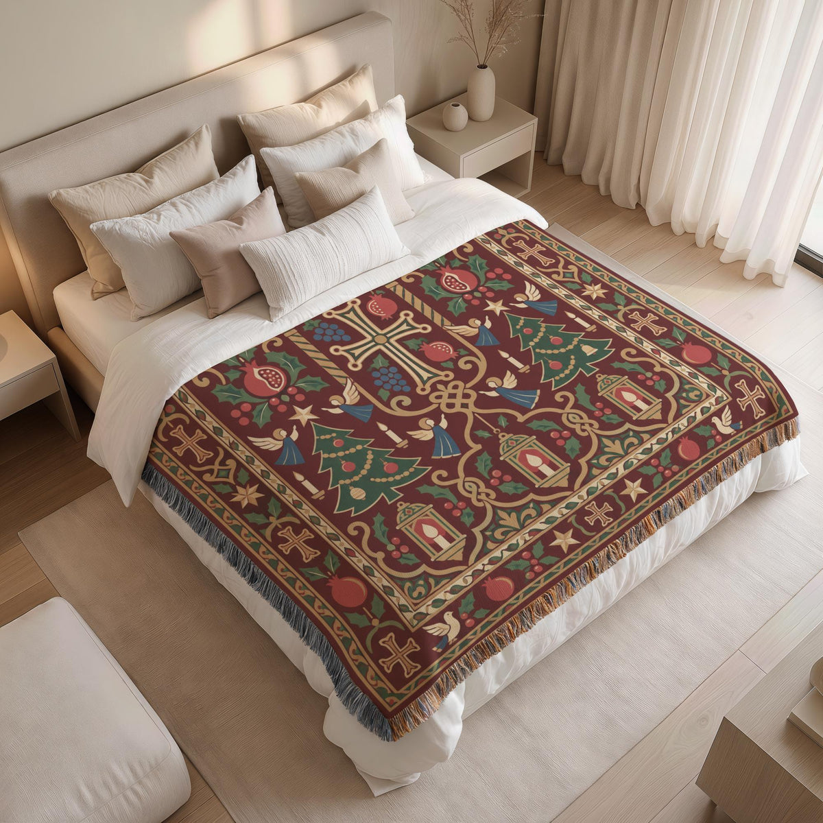a bedroom with a large bed covered in a colorful, patterned blanket featuring Christmas ornaments and designs. The bed is surrounded by white pillows and a white headboard. The room has a minimalist and modern design, with a white color scheme and a wooden floor.
