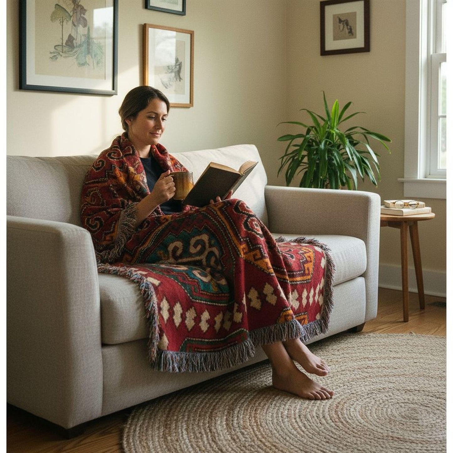 Moroccan Inspired woven blanket with woven pattern styled for layered home decor
