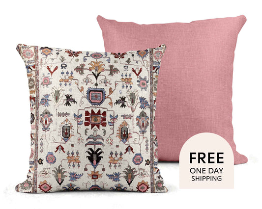 Anatolian Inspired pillow cover with rug-style pattern styled on a sofa or bed