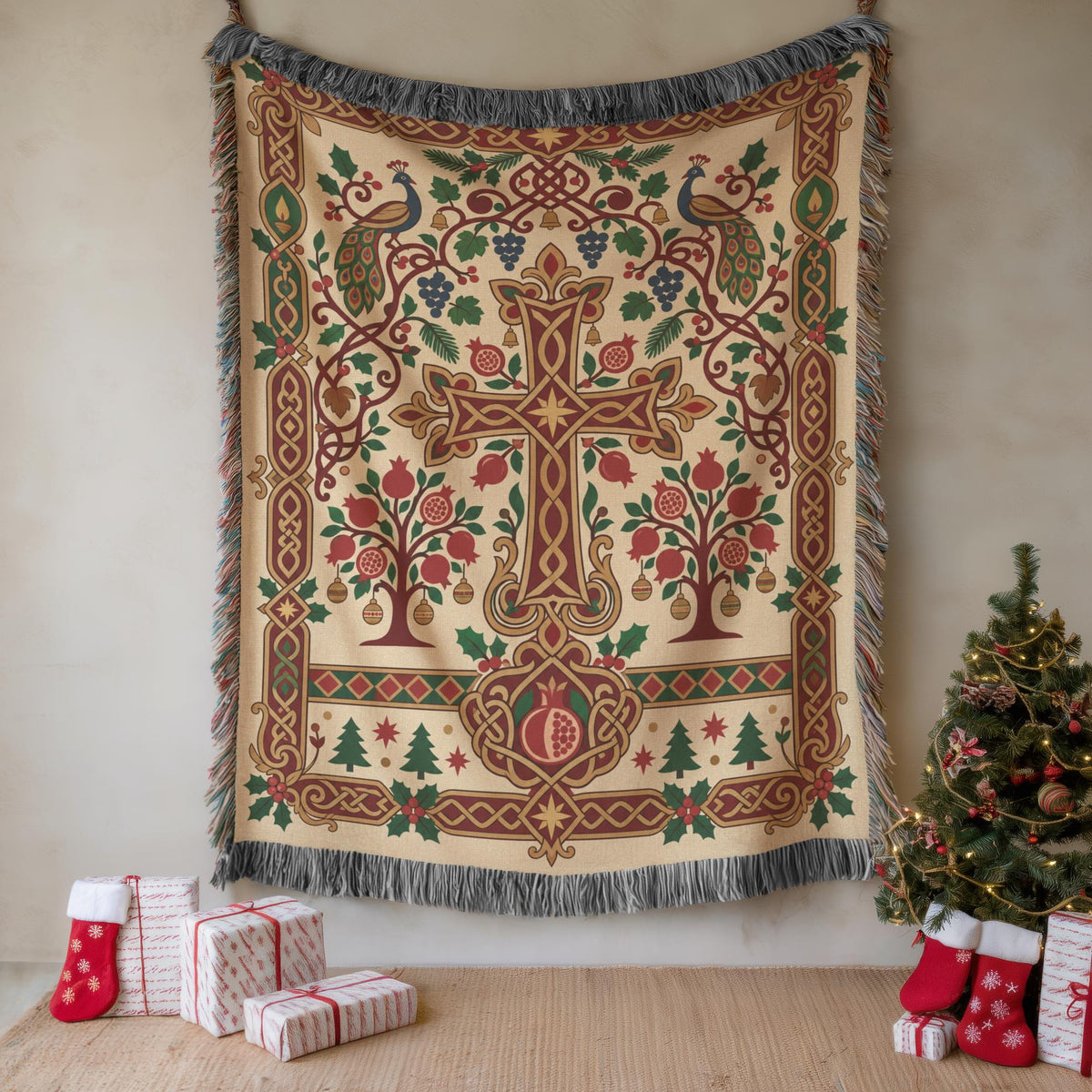 Armenian pomegranate Christmas blanket hung on a wall beside a Christmas tree and wrapped gifts