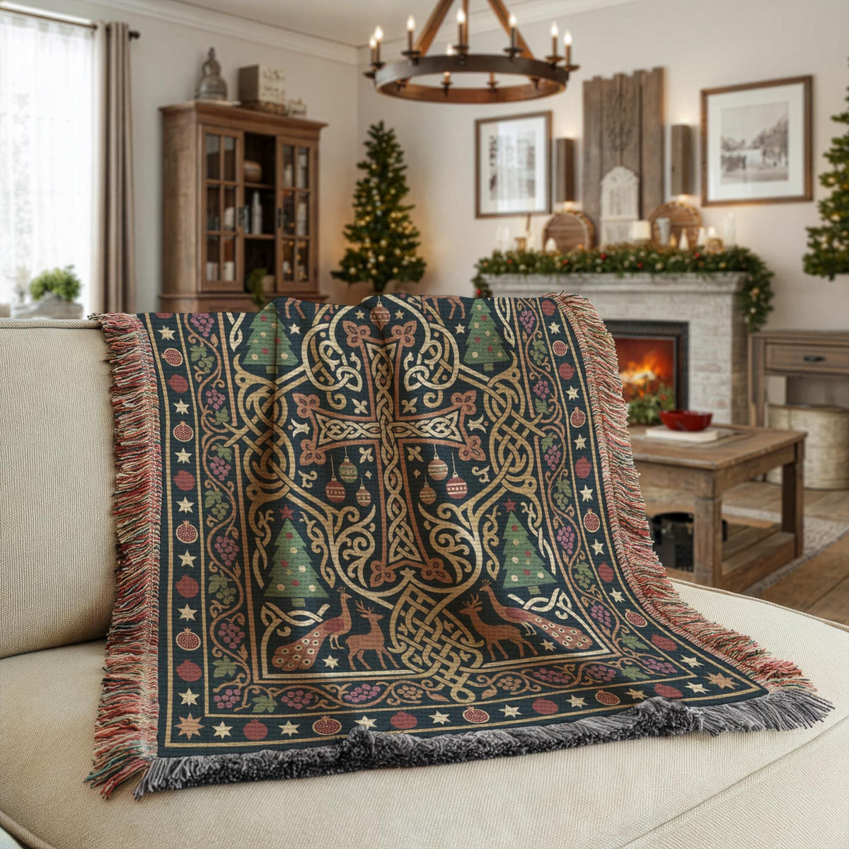 Armenian cross Christmas woven blanket on a beige sofa in a living room with a fireplace and framed art