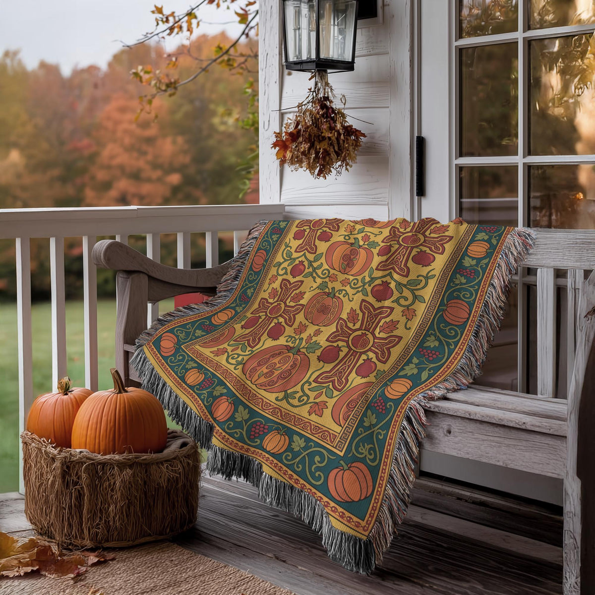 Gold and teal Ghapama blanket on a porch bench with a basket of pumpkins