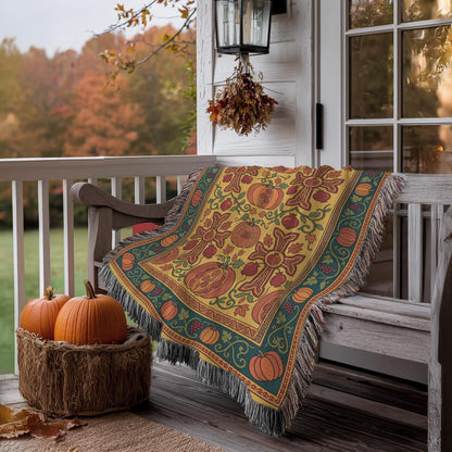 Gold and teal Ghapama blanket on a porch bench with a basket of pumpkins