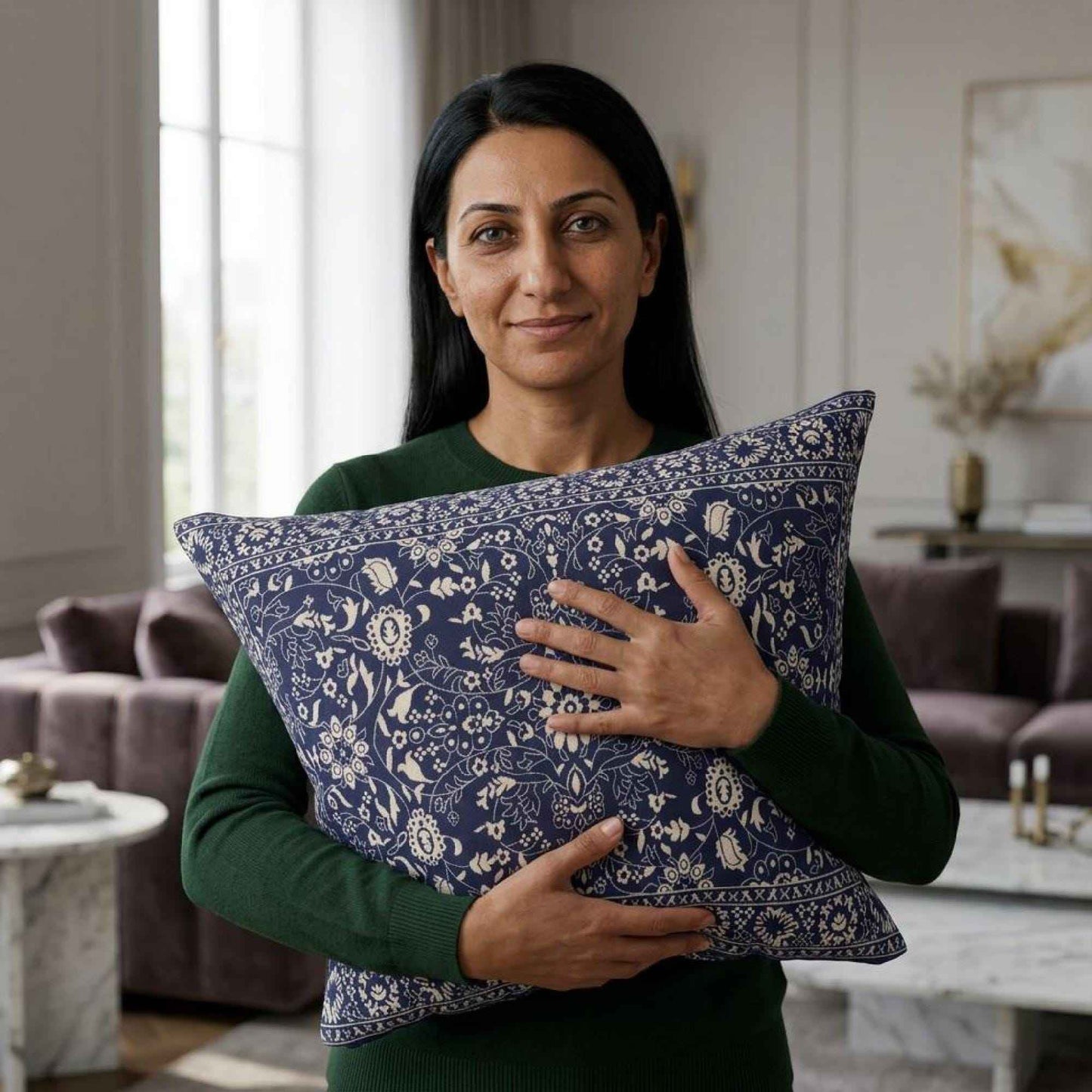 Caucasian Rug Inspired throw pillow with geometric pattern styled on a sofa or bed