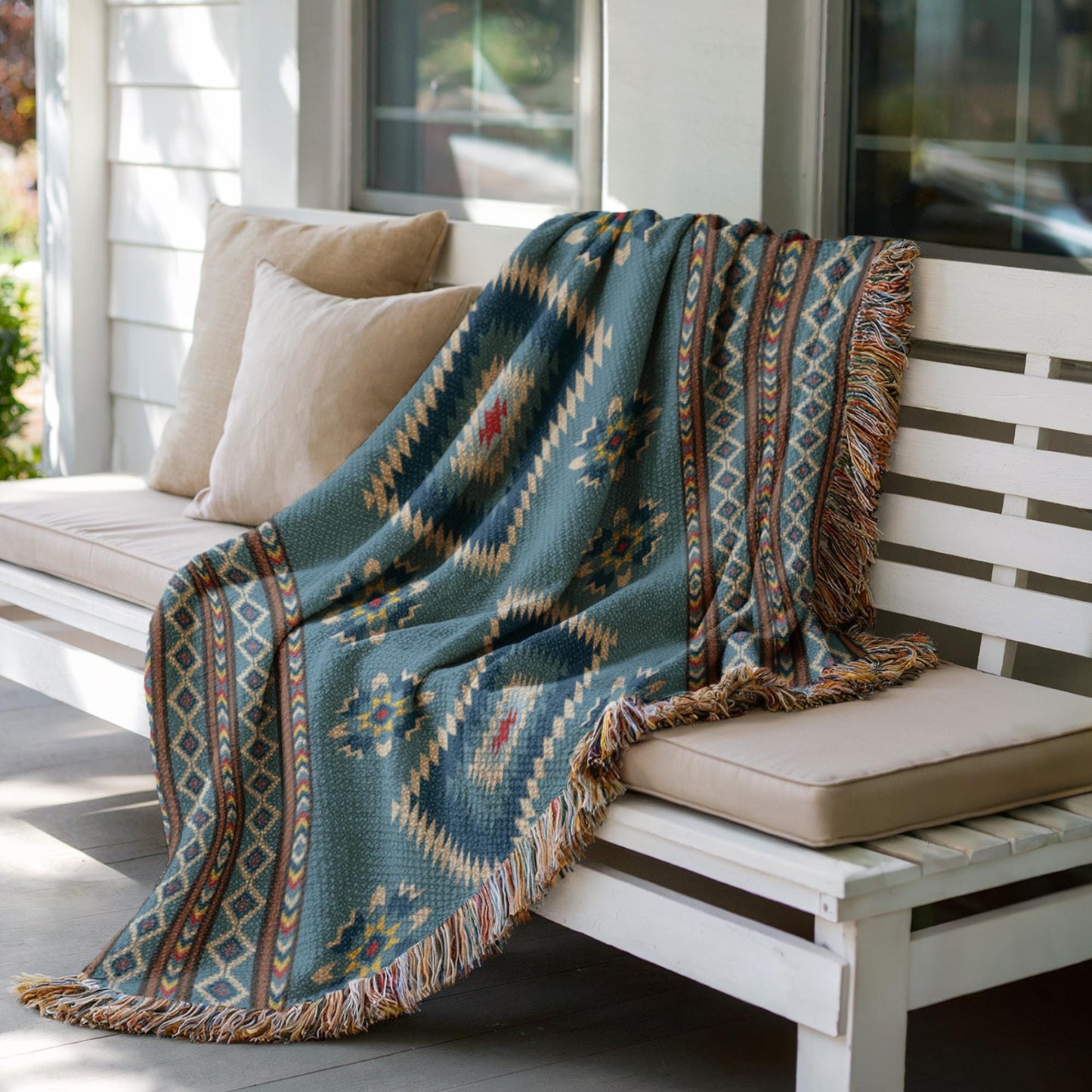 Southwestern outdoor woven throw blanket with geometric pattern for patio styling