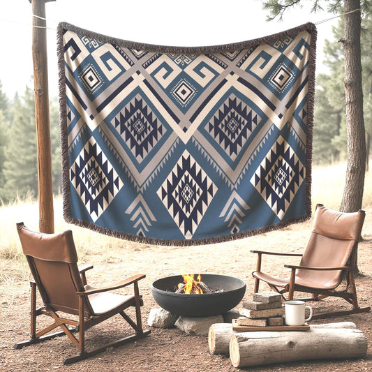 Personalized Woven Blanket – Aztec Pattern Throw | Outdoor Picnic Blanket with Colorful Fringed Edges