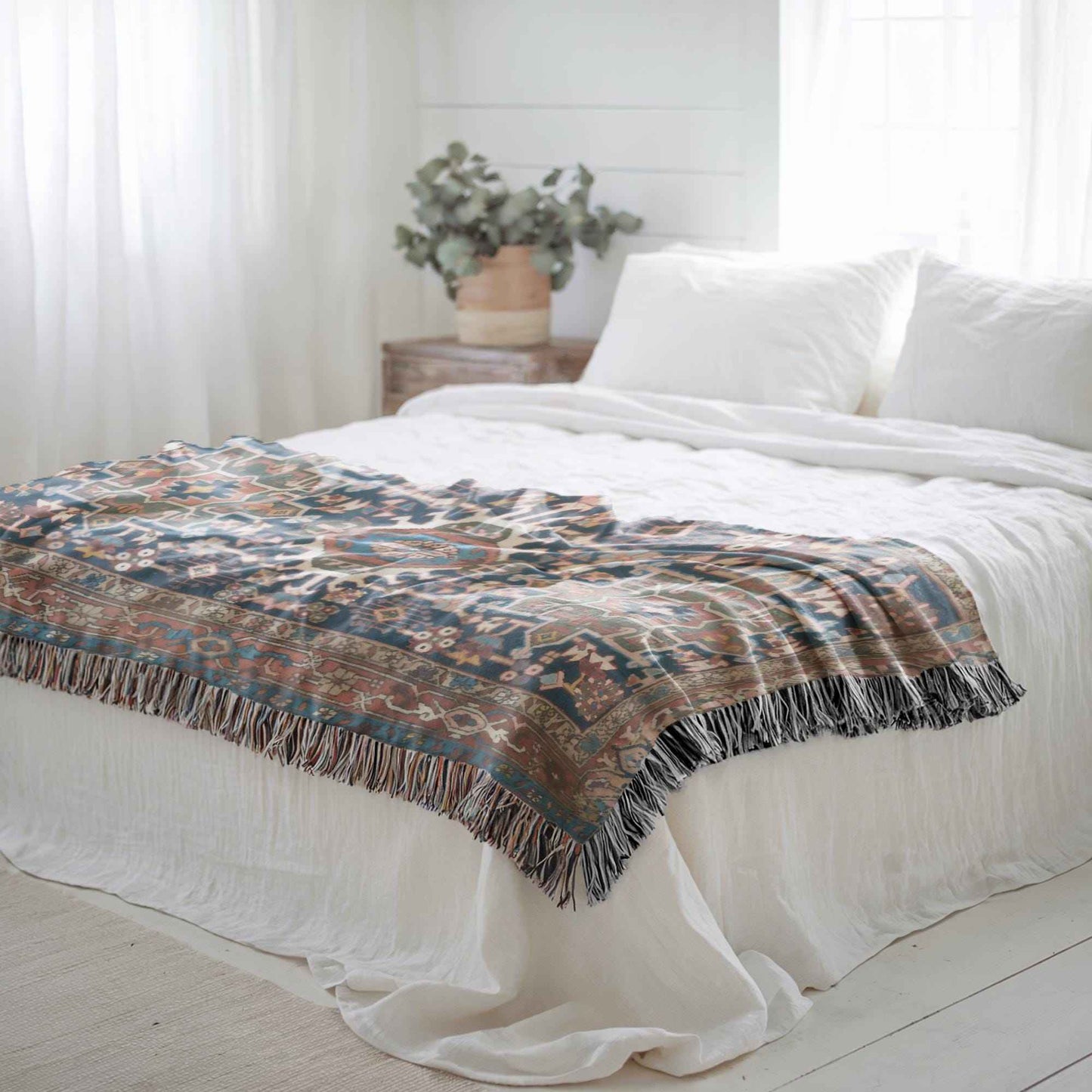 Anatolian Inspired woven blanket with rug-style pattern styled for layered home decor