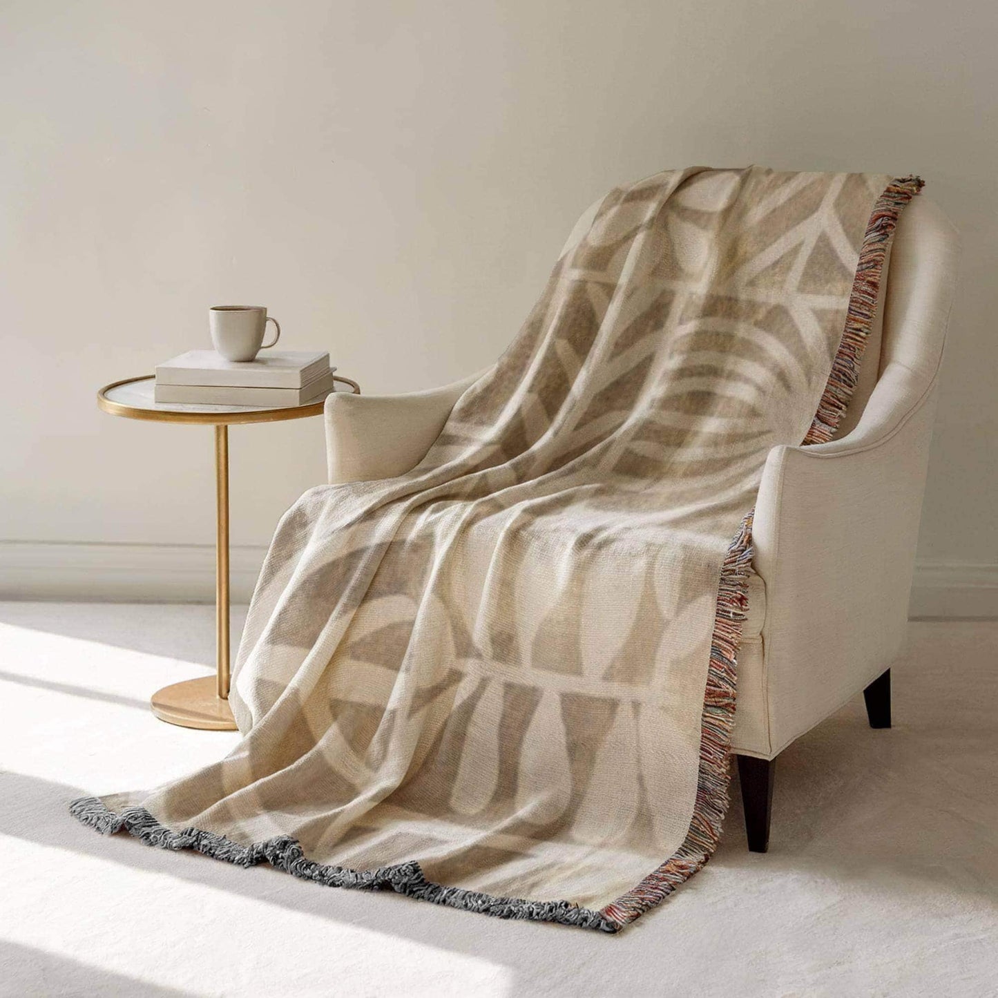 Modern Geometric woven blanket with geometric pattern styled for layered home decor